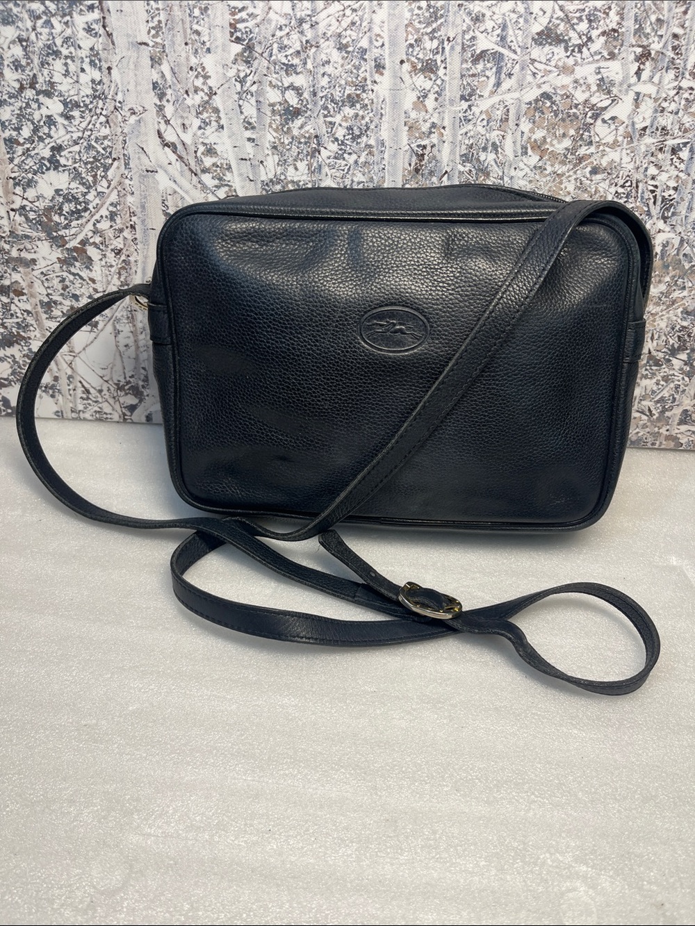 Longchamp Black Leather Women's Crossbody Bag Adj Strap France Purse